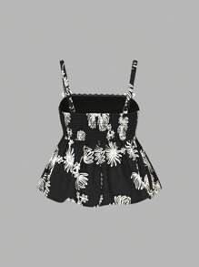 SHEIN MOD 大码女式 3D 花卉刺绣浪漫可爱蝴蝶结装饰蕾丝拼布吊带背心夏季上衣，短款上衣，女式荷叶边上衣，女式花卉上衣，女式吊带上衣，提花纹理，宽松下摆，手工编织花朵，万圣节