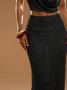 SHEIN BAE Fashionable & Elegant Sequin Decorated Extra Long Knit Skirt - Black - View 8