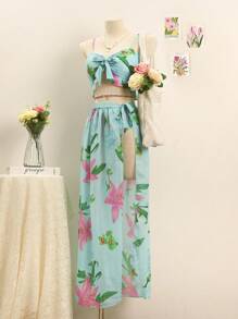 SHEIN Swim 女士夏季海滩花卉印花前结性感两件套比基尼套装带罩衫裙，3 件套 - 淺藍色 - 查看 3