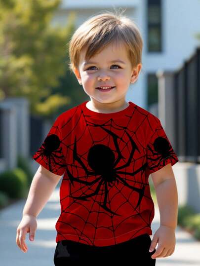 SHEIN 年轻男孩休闲舒适经典蜘蛛、涂鸦、卡通、运动、街头风格短袖圆领T恤，适合夏季