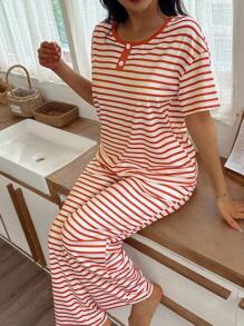SHEIN 女士休闲条纹印花落肩仿门襟短袖睡衣套装