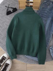 男童休闲运动高领纯色套头长袖保暖针织衫，秋冬季；圣诞绿毛衣，秋冬季，圣诞绿 - 墨綠色 - 查看 2