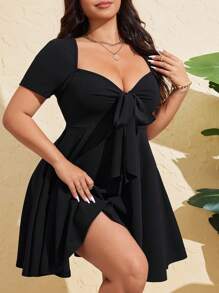SHEIN CURVE+ 大码女式性感前系带短袖紧身迷你连衣裙，夏季 - 黑色 - 查看 3