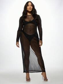 MISSGUIDED PLUS Sheer Mesh Glitter Maxi Cover Up Long Sleeve Plus Size Party Evening Dress Overlay See Through Sparkle Club Gown Beach Resort Wear - Black - View 4
