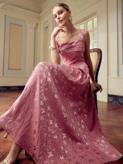 ZEYLAH Vestido elegante sin mangas de cuello cuadrado con pliegues de unicolor para mujer