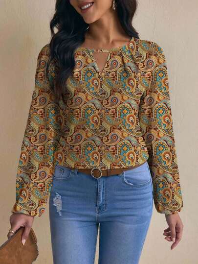 Glamance Sylvia Lopez Women's Casual Minimalist Long Sleeve Shirt, Suitable For Summer Boho Blouse 70s Tops Paisley Blouse Western Blouse Boho Top