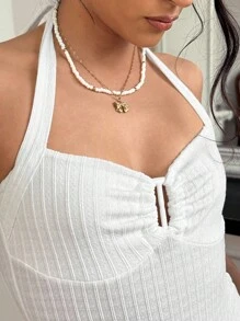 Roylia Women's Solid Color Ribbed Ruched Casual Fashionable Halter Bodysuit All White - White - View 5