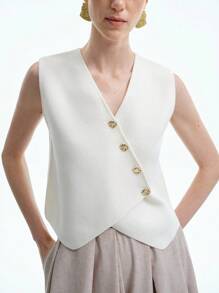 Aalyst Women's Minimalist Light Apricot Wool Vest With Metal Buttons - Apricot - View 4