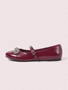 CUCCOO DOLLMOD Women's Wine Red PU Diamond Bow Decor T-Strap Cute Mary Jane Flats - Burgundy - View 6