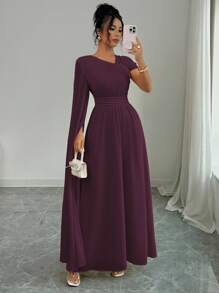 Selianne 女士雪纺衬里优雅不对称肩部、领口、袖子褶皱腰连衣裙，适合下午茶派对，春夏季