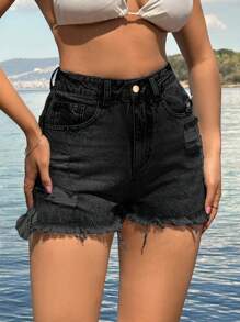 EURMUSE 100%Cotton Back Label Detailed Short With Destroy - Black - View 9