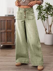 SHEIN Tall Women's Button Front Dual Pocket Wide Leg Loose Casual Denim Pants - Green - View 4
