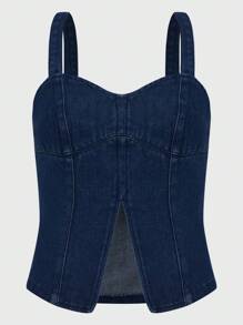 Daynim 女士休闲开衩肩带牛仔吊带背心 - 中等水洗藍 - 查看 6