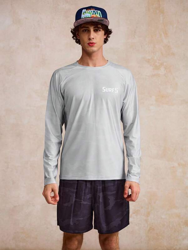 Manfinity Surfspeed Men's Letter Print Round Neck Raglan Long Sleeve Rash Guard