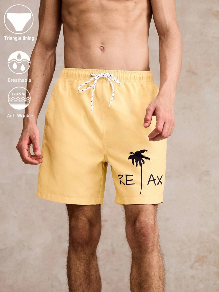 Surfspeed Men's Casual Coconut Tree Print Beach Shorts - Yellow - View 1