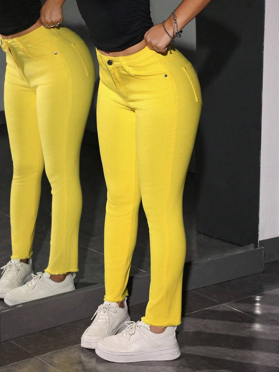 SHEIN PETITE 女式口袋紧身休闲百搭牛仔裤 - 黃色 - 查看 1