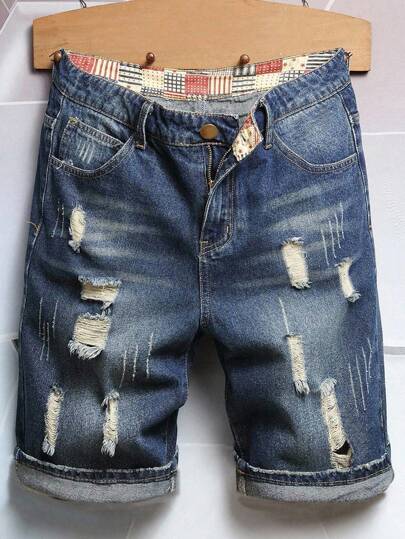 Manfinity Homme Pantalones cortos vaqueros casuales con bolsillos y desgastados para hombres de talla grande, pantalones cortos vaqueros versátiles para hombres con roturas, estilo emo