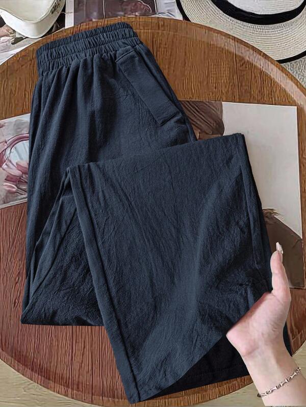 Rusticease Damen Große Größen Lässig einfarbige Stoffhose mit elastischem Bund und schräger Tasche