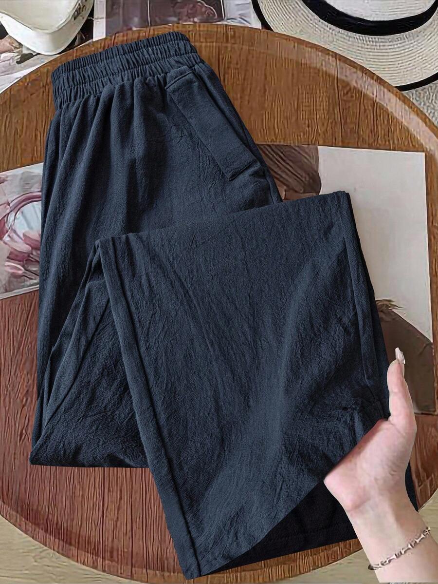 Rusticease 大码女式休闲纯色松紧腰斜口袋裤