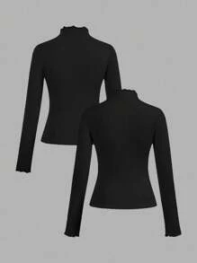 SHEIN EZwear 2 件黑色休闲修身长袖 T 恤，秋冬 - 黑色 - 查看 2