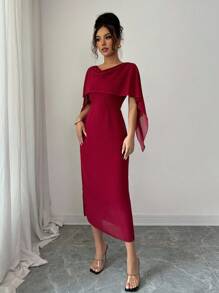 Modelyn Women Cowl Neck Cape Slim Fit Midi Dress - Red - View 4