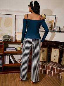 Retro amerikanischer Stil Schleife, englischer Muster, gestreifter Kontrastfarben Lässig INS Pyjama Set für Frauen - Verschiedenfarbig - Übersicht 2
