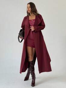 Aloruh Minimalist Commuter New Eggplant Purple Versatile Extra Long Tie-Waist Reversible Decorative English Style Lapel Trench Coat In Fall/Winter - Red Violet - View 7