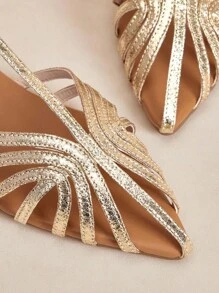 Rosivie 2025 新款女士镂空编织罗马凉鞋，时尚平底封闭式鞋头带扣沙滩休闲鞋 - 金色 - 查看 5