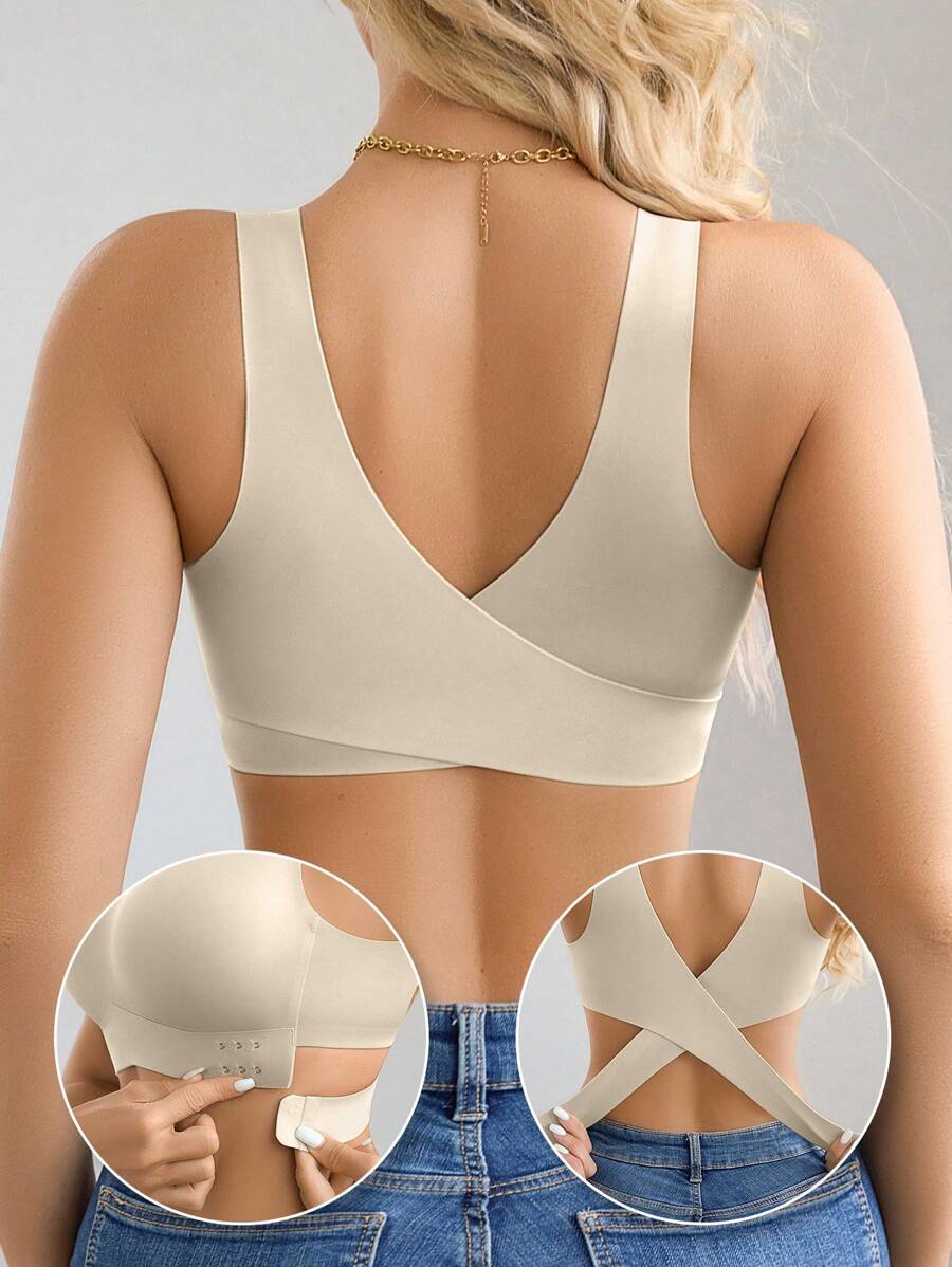 1pc Women Seamless No Padding Elegant Breathable Comfortable Crisscross Back Bandeau Bra Front Closure Brapush Up Sports Bra