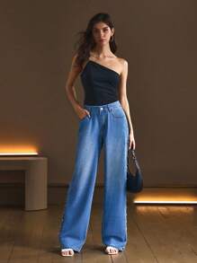 Selenza 女式水钻镂空口袋宽腿宽松休闲牛仔裤 - 藍色 - 查看 3