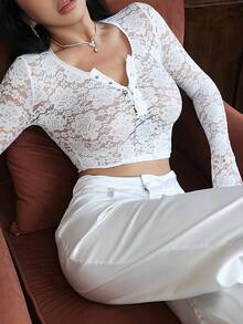 DAZY Women's Summer Round Neck Half-Placket Fitted Long Sleeve Lace Mesh T-Shirt, Sexy Minimalist Top