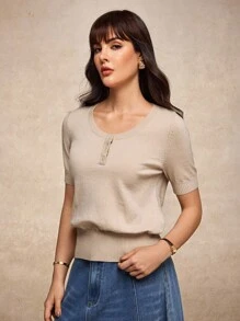 House of One Old Money Round Neck Bishop Sleeve Casual Sweater Top Women Fall Winter Fall Outfits Business Professional Women Business Casual Woman