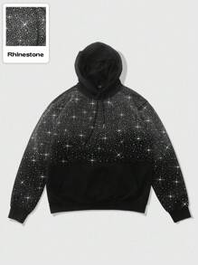 ROMWE MEN Street Life Unisex Rhinestone Embellished Hoodie, Street Style American Design - Black - View 1