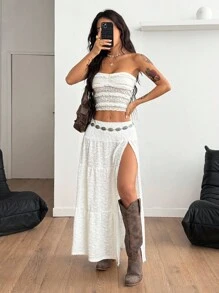 Coolane 女士夏季音乐会狂欢节外出文艺复兴博览会蕾丝侧开衩裙，适合度假西部风服装 Y2K 纹理面料 - 白色 - 查看 5