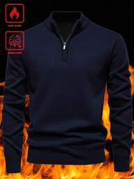 Calvornis Men's Pullover Sweater, Solid Color Knitted Sweater, Autumn/Winter Men Thermal Lined Pullover Men Thermal Shirt Men Quarter Zip Thermal Lined And Thickened