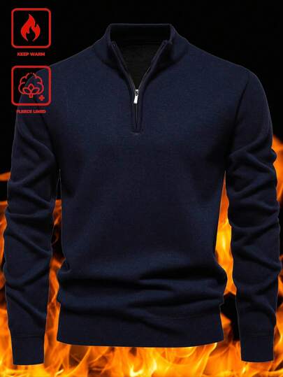 Calvornis Jersey de hombre, jersey de punto de unicolor, jersey de hombre forrado térmico de otoño/invierno con cremallera de cuarto, forrado y engrosado, top de manga larga