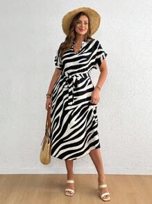 SHEIN CURVE+ 大码女式休闲日常斑马纹连衣裙 - 彩色 - 查看 3