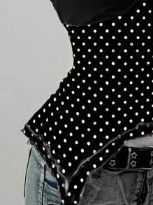 SHEIN EZwear 女式休闲复古褶饰胸围装饰不对称下摆紧身吊带背心，适合夏季、Y2K、波尔卡圆点印花、复古、露背、细肩带、不对称下摆、露背上衣 - 彩色 - 查看 4