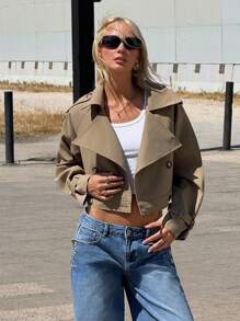 SHEIN ICON Women's Fashion Solid Color Double-Breasted Short Trench Coat Crop Top Jacket Summer Jacket Khaki Jacket Oversized Jacket Cropped Jacket In Fall/Winter