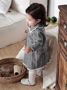 DAZY 2pcs Baby Girls' Lace Patchwork Collared Long Sleeve Cardigan And Pleated Skirt Knit Sweater Set Fall,Winter