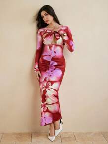 Stephany M Floral Print Cut Out Ruched Fitted Sexy Backless Maxi Dress Summer Women Beachwear Swimwear - Multicolor - View 4