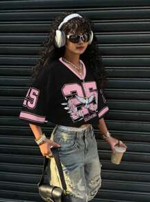 Slaydiva 女士休闲 V 领宽松短款 5/8 袖网眼 T 恤，适合夏季运动比赛，25 号印花，撞色饰边，拼色 - 彩色 - 查看 5