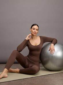 Activina Solid Color Seamless High Elasticity Sports Jumpsuit, Autumn/Winter - Brown - View 5