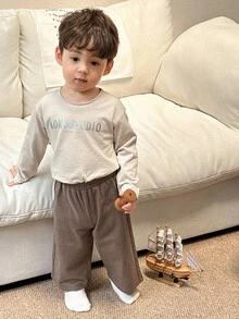 DAZY 2pcs Toddler Boys' Graphic Letter Print Long Sleeve T-Shirt And Casual Shorts Pajama Set - Apricot - View 5