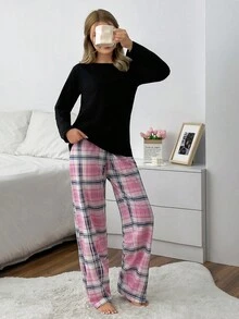 SHEIN Cottnline Plus Solid Color Short Sleeve Round Neck Long T-Shirt & Plaid Pants Pajama Set - Multicolor - View 5