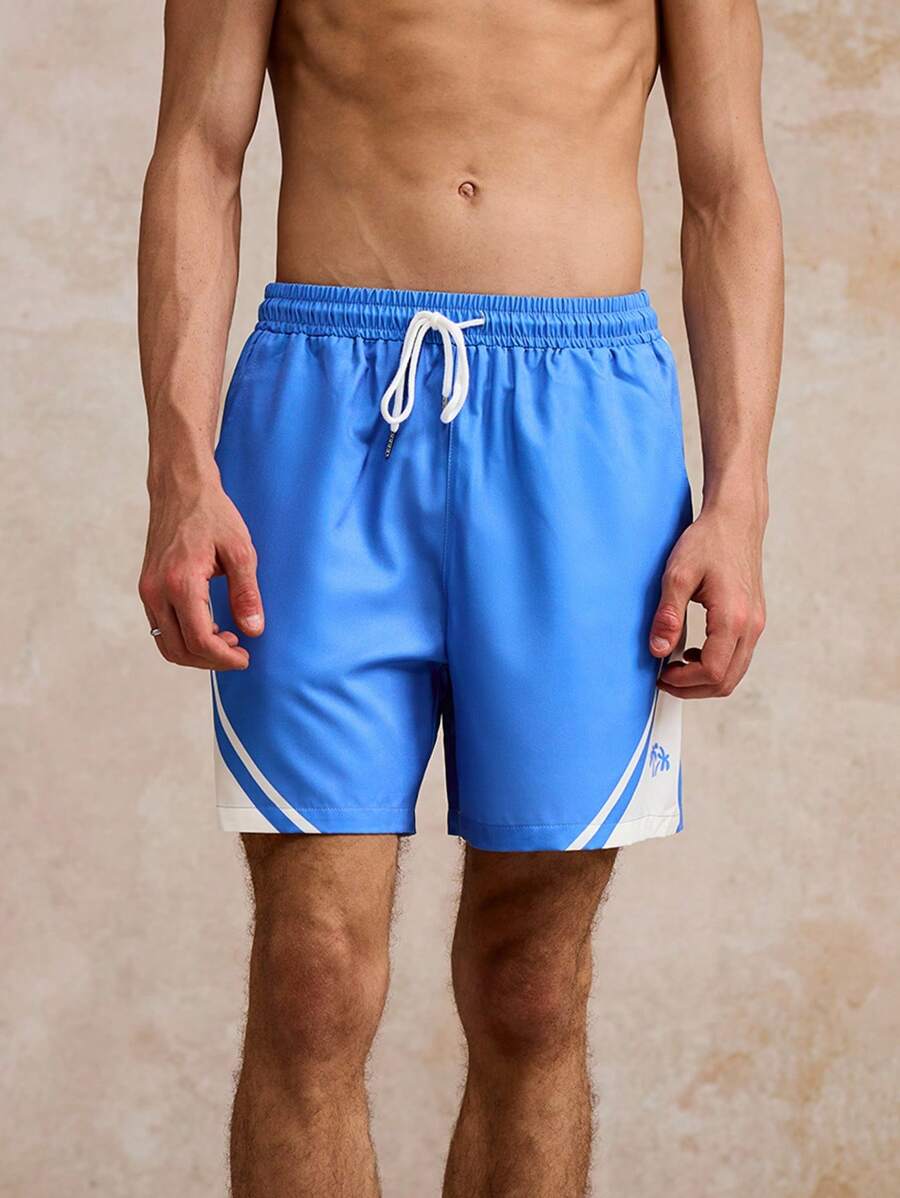 Surfspeed Men's Palm Tree Print Drawstring Waist Pocket Beach Shorts - Blue - View 1