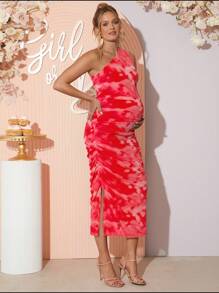 Loomaby Pregnant Women's Tie-Dye Print One-Shoulder Sleeveless Ruffle Bodycon Dress,Gender Reveal Dress,Baby Shower Dress,Maternity Dress