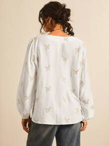 SHEIN LUNE Plus Size Women's Floral Embroidery V-Neck Lantern Sleeve Loose Casual Shirt V Neck Blouse Embroidered Blouse White Blouse Fall Clothes For Women Business Casual Woman - Multicolor - View 2