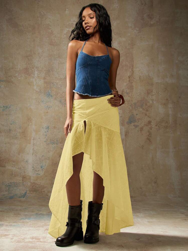 MISSGUIDED Eyelet Embroidered High Low Maxi Skirt With Front Slit Summer Asymmetrical Hem Ruffled Long Skirt Wedding Guest Party Occasion Wear