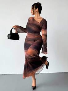 Firerie Plus Size Women's Black Valentine's Day Romantic Sheer Long Asymmetrical Shoulder Solid Color Mesh Maxi Dress, Slimming Long Sleeve Tie-Dye Mesh Flowing Asymmetrical Shoulder Dress, New Ladies Autumn,Fall Clothes For Women - Multicolor - View 4